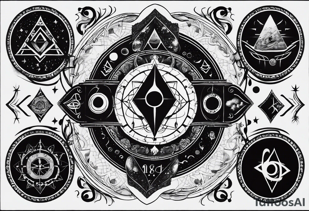 I want a mysterious enigmatic tattoo, with mysterious symbols and phrases, with the meaning of curiosity about conspiracy theories, the future, and the past, something that completes the upper part of the arm that is between the middle of the arm and the shoulder tattoo idea