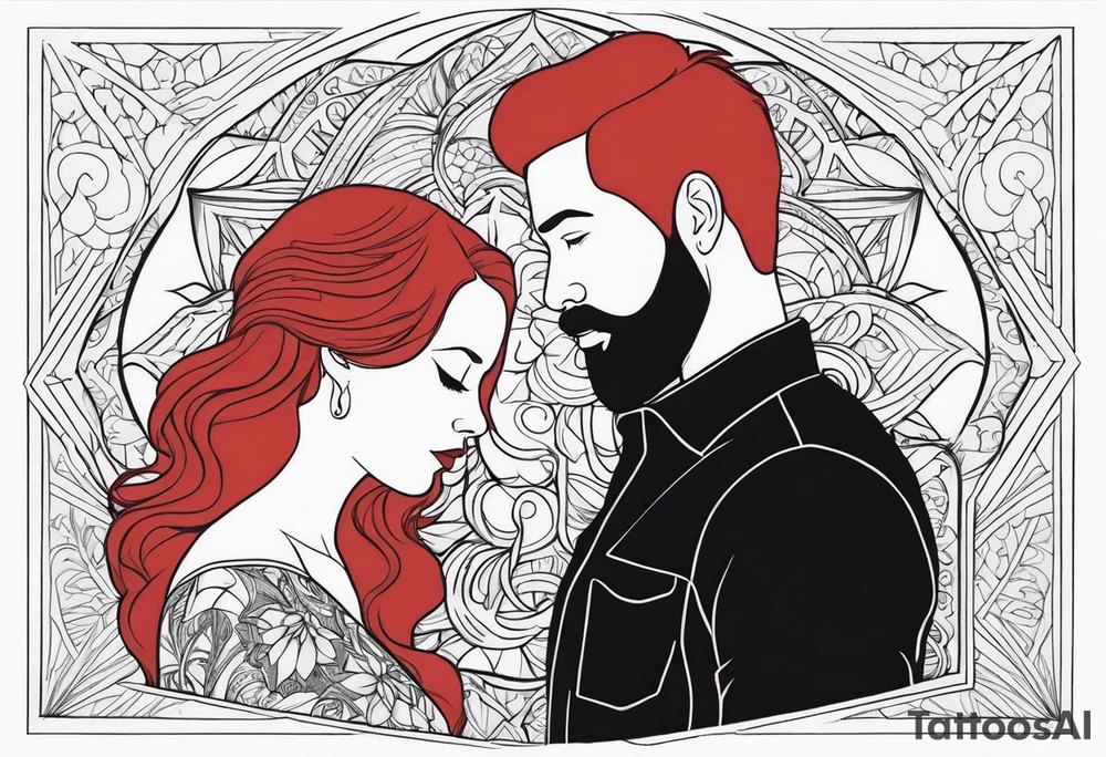 Busty red haired woman with a bearded man who has black hair tattoo idea