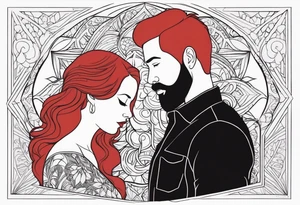 Busty red haired woman with a bearded man who has black hair tattoo idea