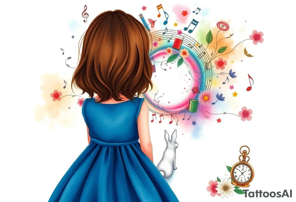 Back view of the silhouette of a brown hair girl in a blue dress. She is following a small white rabbit towards a magical colorful swirl of music notes, books, and flowers. A pocket watch is at the end of the swirl. tattoo idea