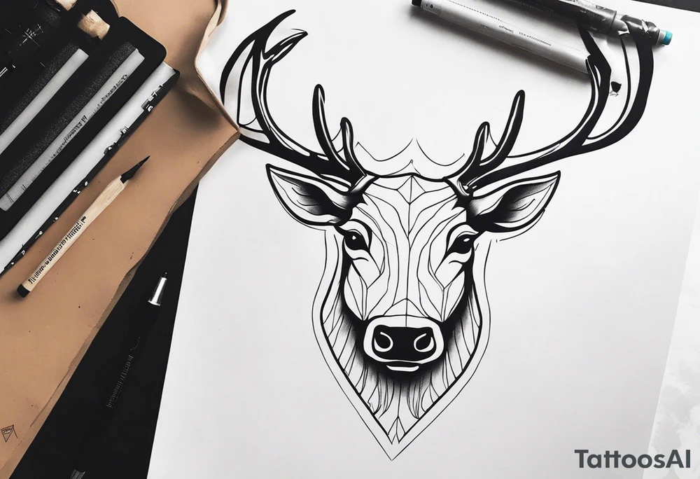back tattoo of a front view reindeer with half the face as a skull tattoo idea