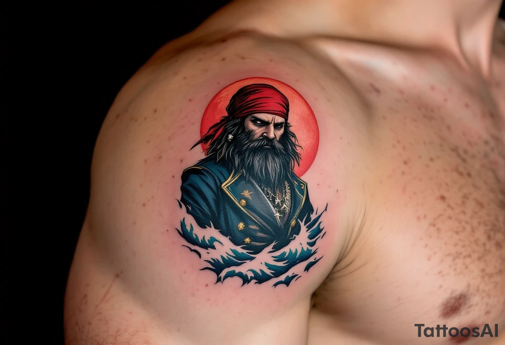 Blood Moon Buccaneer – A rugged pirate captain with a thick black beard, standing on the deck of a ship under a crimson full moon. His deep red bandana and gold-trimmed navy coat contrast with the eerie dark blue ocean waves crashing around him. tattoo idea