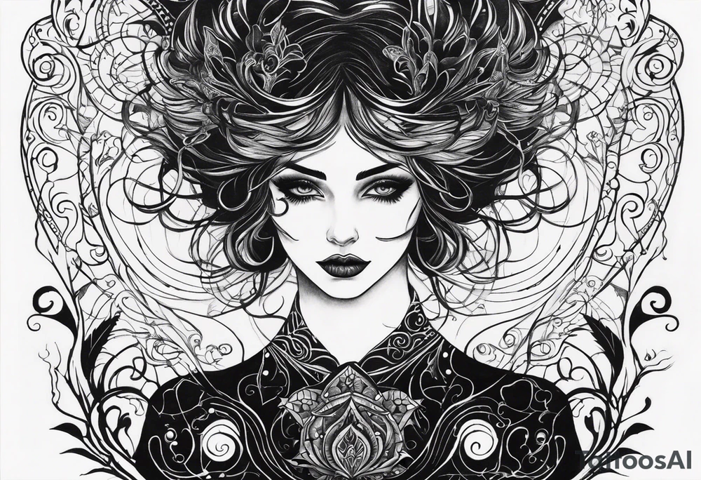 Shoulder piece. Black in the middle with swirly lines around. Witchy, gothic, Starry Night esque but more black and more creepy, romantic goth vibes tattoo idea