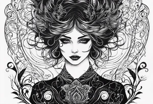 Shoulder piece. Black in the middle with swirly lines around. Witchy, gothic, Starry Night esque but more black and more creepy, romantic goth vibes tattoo idea