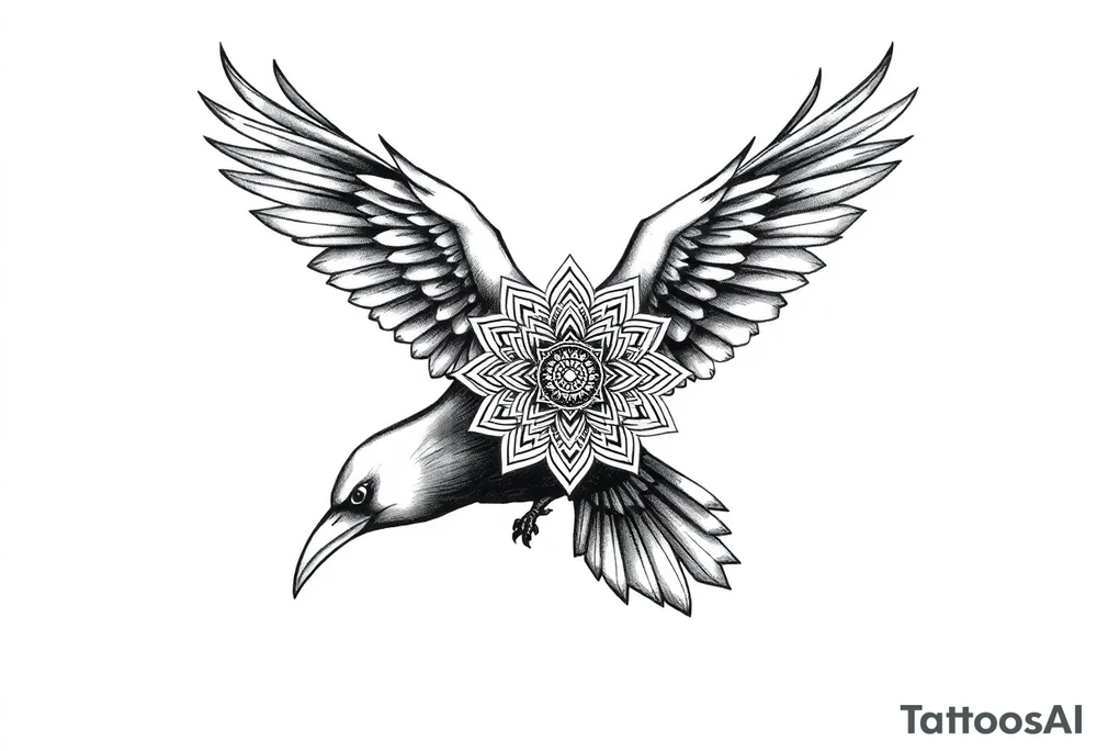 ominouse raven with mandala on its wings tattoo idea