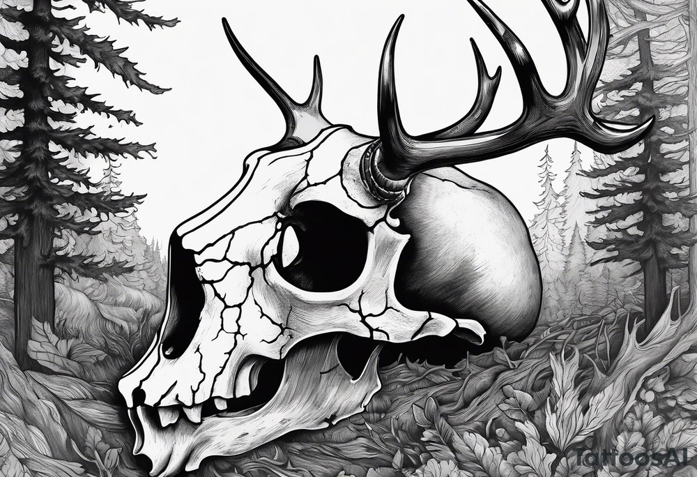 A side view of a frightening horror DECAYING deer skull JUST BONE surrounded by a forest fire in background tattoo idea