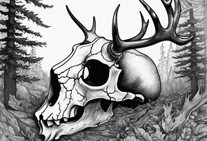 A side view of a frightening horror DECAYING deer skull JUST BONE surrounded by a forest fire in background tattoo idea