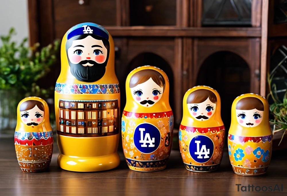 A set of 4 Matryoshka dolls, family of 4. Each separate doll is designed based on their individual description. Father (biggest doll) has full beard, blue eyes, short brown hair, loves LA Dodgers. Mother (second biggest doll) has blonde bob length hair, no beard, blue eyes, thick rimmed black glasses, loves leopard print. Son is 4 years old, blue eyes, blonde spiky hair, loves Paw Patrol. Daughter is 2 years old, blue eyes, long eyelashes, short light brown bob, loves Bluey. tattoo idea