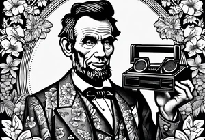 Abraham Lincoln in a flowered suit jacket holding a 90s boombox on his shoulder tattoo idea
