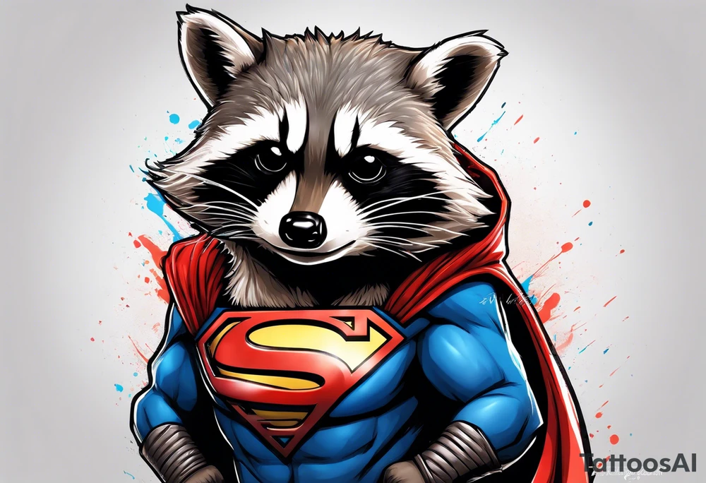 raccoon wearing a Superman hoodie tattoo idea