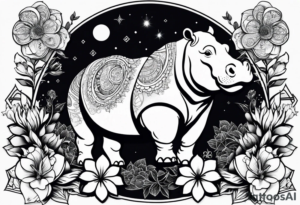 Hippo, flowers, moon, fine lines, tribal, geometric tattoo idea