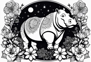 Hippo, flowers, moon, fine lines, tribal, geometric tattoo idea