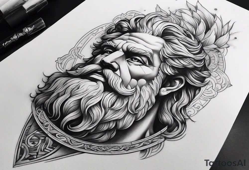 Full right arm tattoo sleeve with the Greek god Zeus tattoo idea