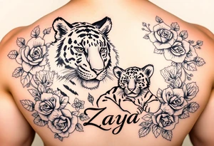 Beautiful, strong and fierce adult female tiger and her cub surrounded by roses and flowers with my daughters name “Zaya” tattoo idea