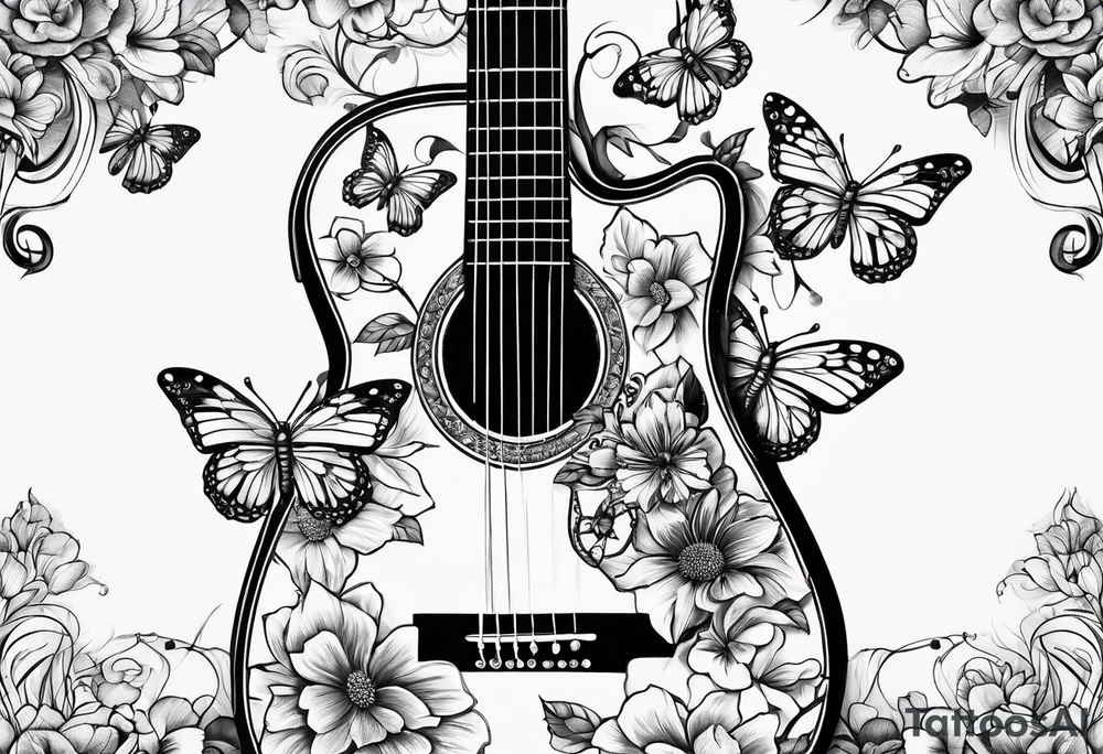 Guitar with flowers growing off the side, butterflies, small tattoo idea