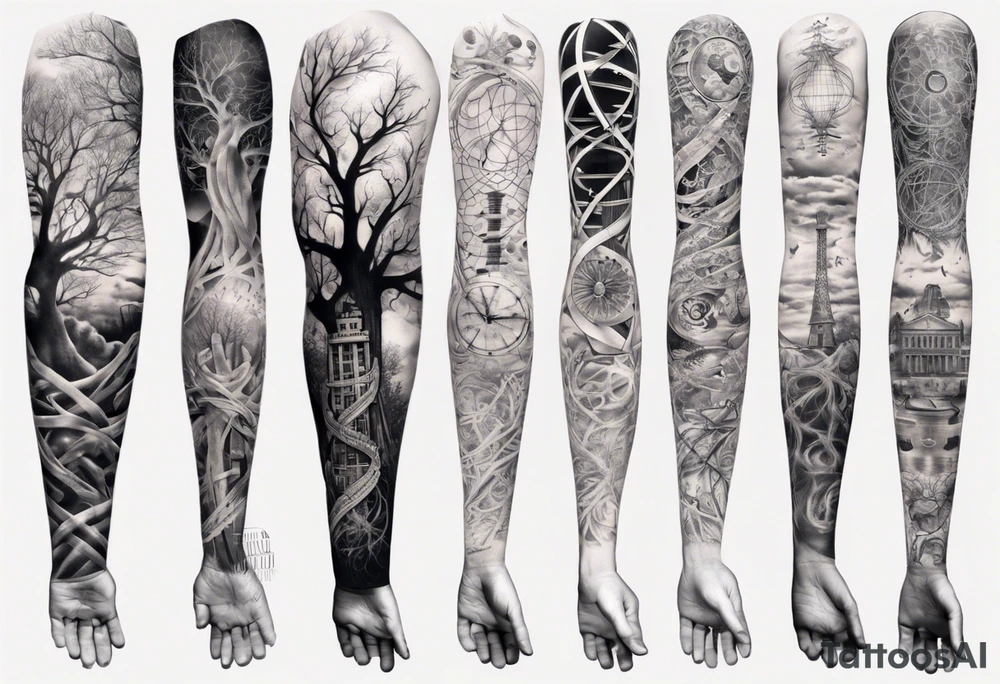 full arm sleeve tattoo combining images of DNA, science, guitar, piano, music. tree of life, focus, masculine tattoo idea