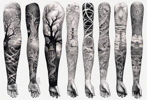 full arm sleeve tattoo combining images of DNA, science, guitar, piano, music. tree of life, focus, masculine tattoo idea