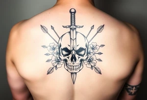 Half sleeve design. High resolution. Realistic skull with dagger through the top of it. Surrounds by arrows, flowers and leaves. Symmetrical tattoo idea