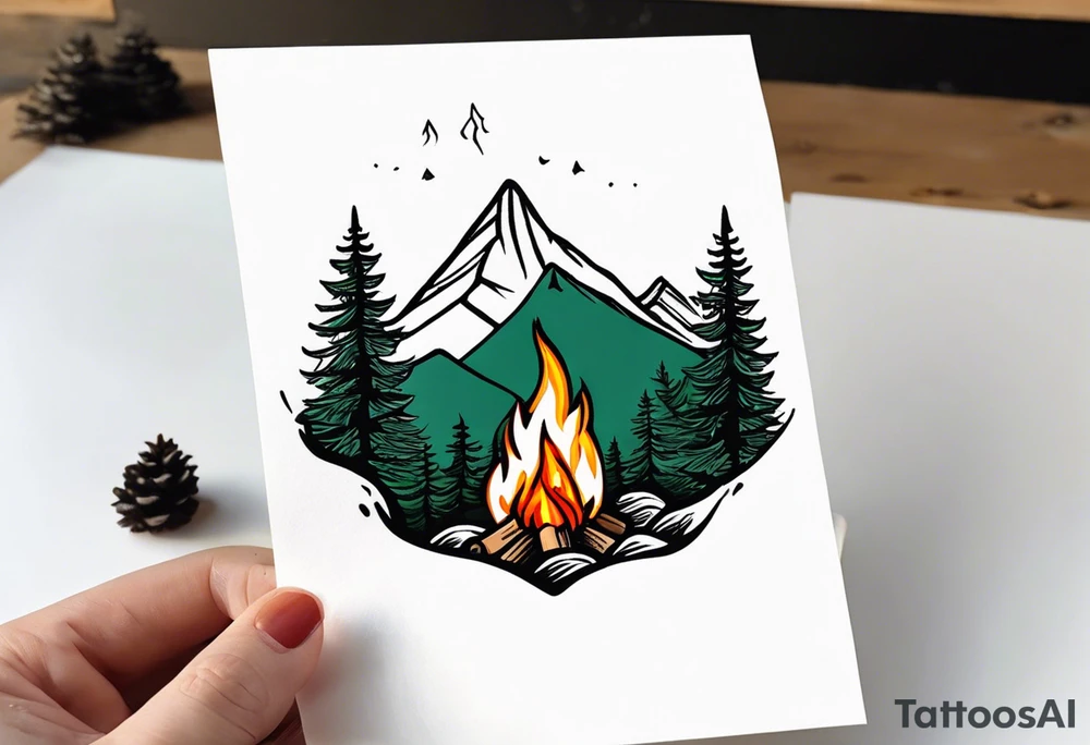 Small campfire in the center, right side: an evergreen tall tree, left side: mountain stream tattoo idea
