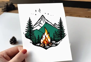 Small campfire in the center, right side: an evergreen tall tree, left side: mountain stream tattoo idea