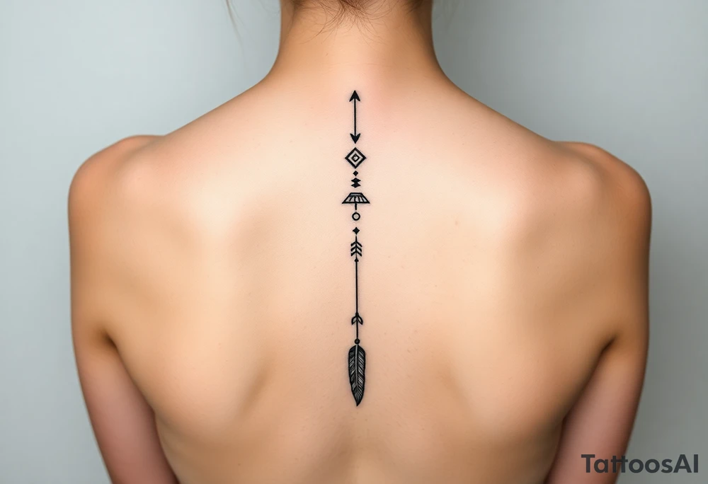Thin vertical memorial chain of symbols symbolizing loss, a brother and sister bond, and strength in a native ornament style following down the spine in with 3 vertical different lengths flowing lines made of a discreet connection of morse code ".--- .- --.     .-.. ... -.- .- .-.   -.. .. --.     .-.. .. .-.. .-.. . -... .-. --- .-. forming 3 arrow shapes connected to 3 flowing feathers hanging from the end of the morse code lines tattoo idea