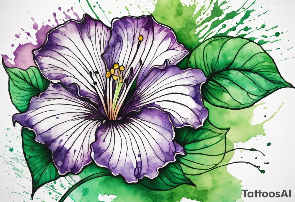 An outline of a green rio dipladenia flower and a green and purple watercolor splash in the background tattoo idea