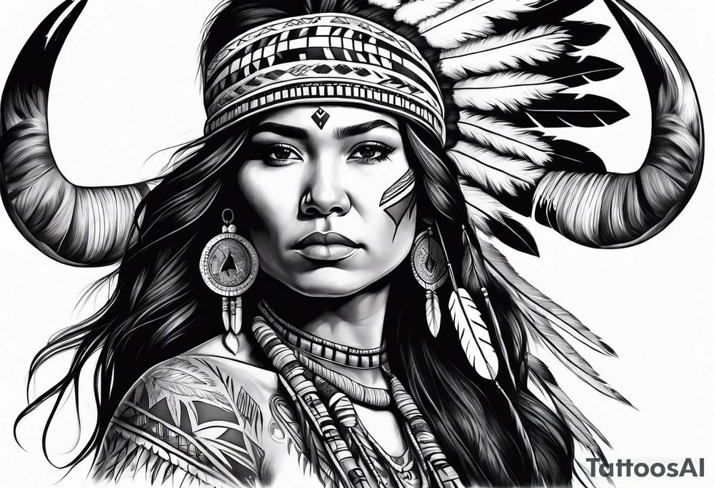 Native American woman  full body with buffalo blanket tattoo idea