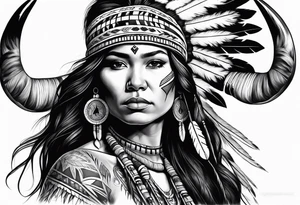 Native American woman  full body with buffalo blanket tattoo idea