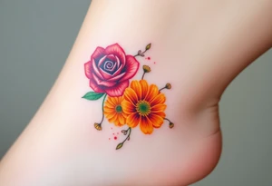 a colorful, vibrant, watercolor tattoo with one red rose, one orange lily, one gold marigold, and one orange cosmos flower and with splashes of color tattoo idea