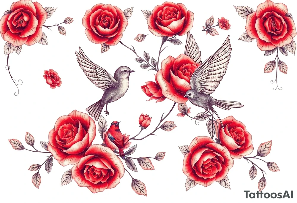 Vintage lace, red roses, red birds, vintage tattoo idea