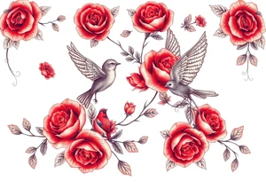Vintage lace, red roses, red birds, vintage tattoo idea