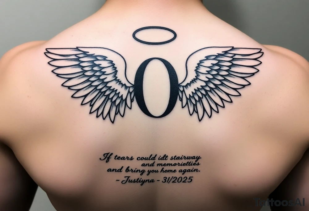 A semicolon intertwined with angel wings and a halo. At the bottom add this quote "If tears could build a stairway, and memories a lane, I'd walk right up to heaven and bring you home again." And also add my mother's name somewhere (Justina Eileen) and these dates 7/10/1984 - 3/6/2025 tattoo idea