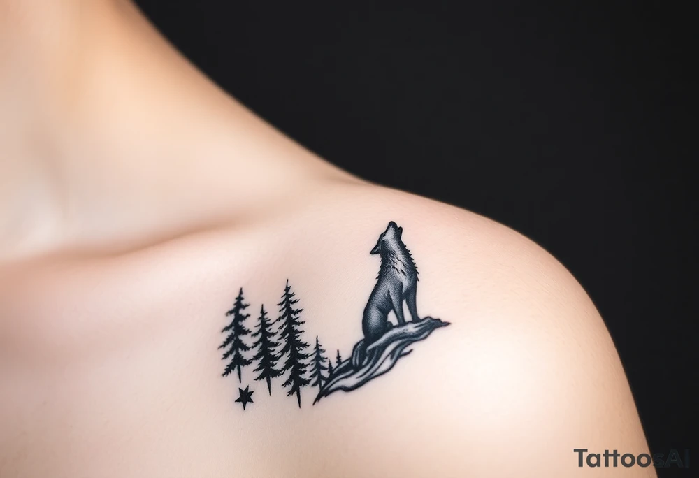Lone wolf howling at the moon in the forest in the night Columba star tattoo idea