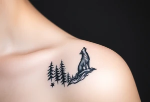 Lone wolf howling at the moon in the forest in the night Columba star tattoo idea