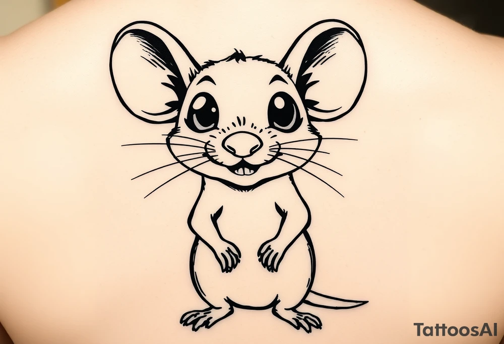 Original tattoo-style illustration:

A rat standing upright

Very large, bulging eyes popping out

A cheeky / mischievous smile

Cartoon style, not baby-like

One black-and-white version + one color version

4 images in total (so you can choose the best one) 
 + this link tattoo idea