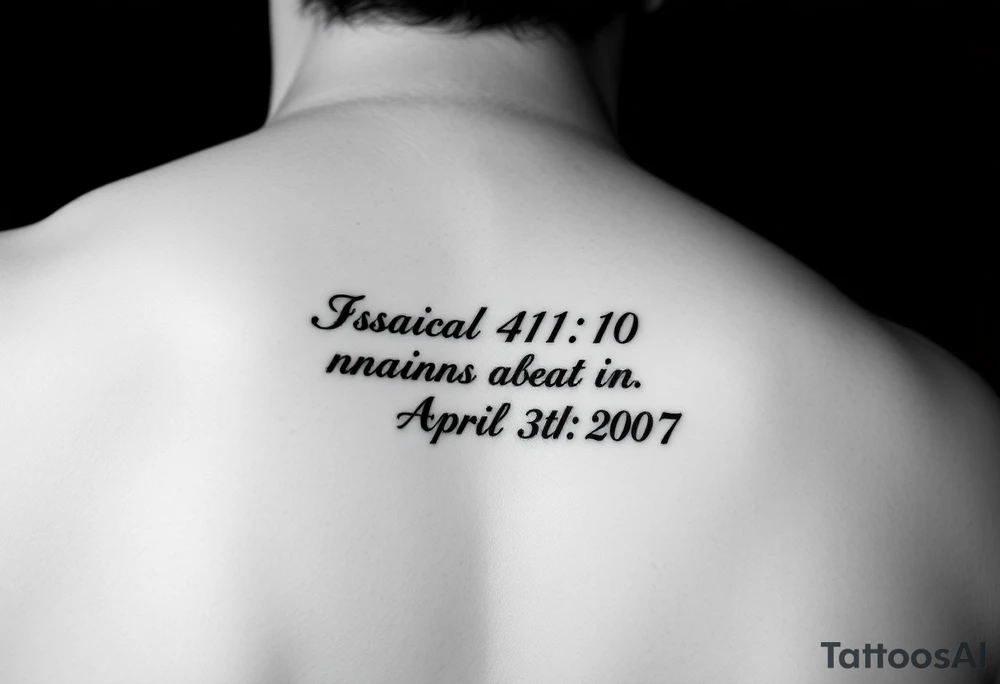 Forearm tattoo that has the Bible verse Isaiah 41:10 and has Roman numerals for April 15th 2007 tattoo idea