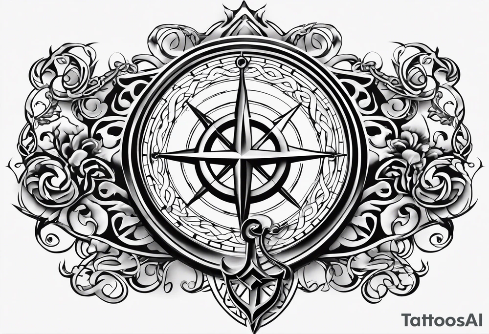 Celtic styling, anchor, compass, bass clef note, treble clef note, dog paw print, half sleeve, forearm tattoo idea