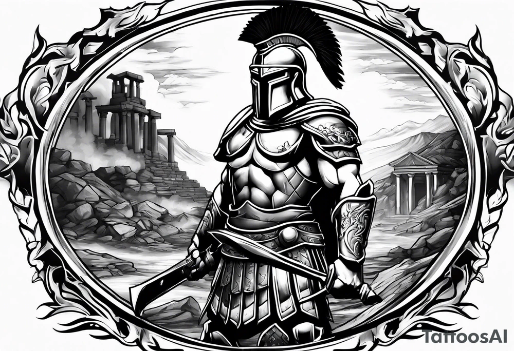 Spartan soldier looking left at burning ruins tattoo idea