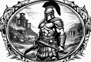 Spartan soldier looking left at burning ruins tattoo idea