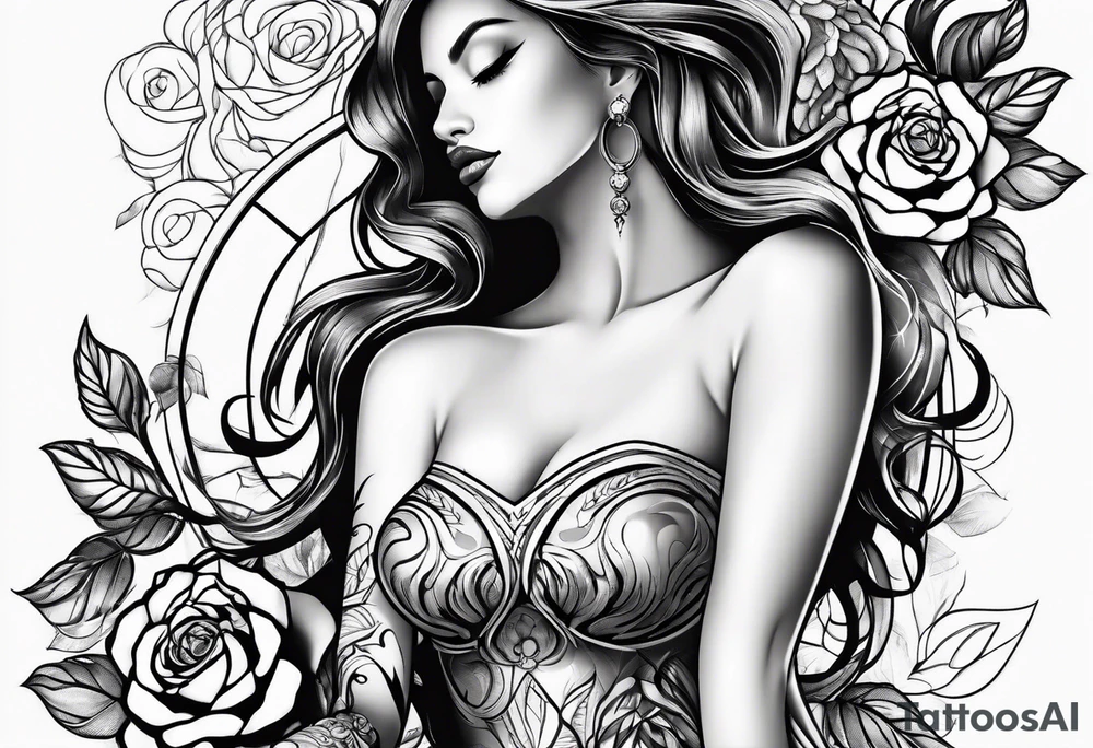 Bloomed rose with female body, kneeling tattoo idea