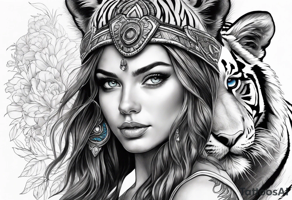 attractive brunette girl with blue eyes with aggressive tiger headdress tattoo idea