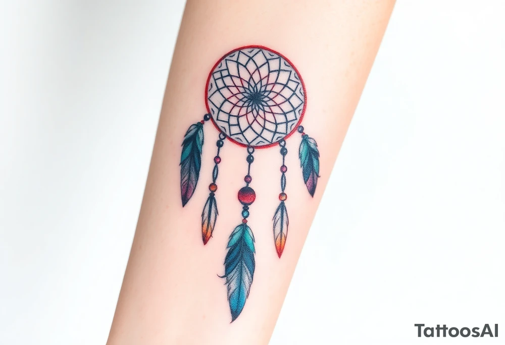 native dreamcatcher with flowing feathers and sacred beads tattoo idea