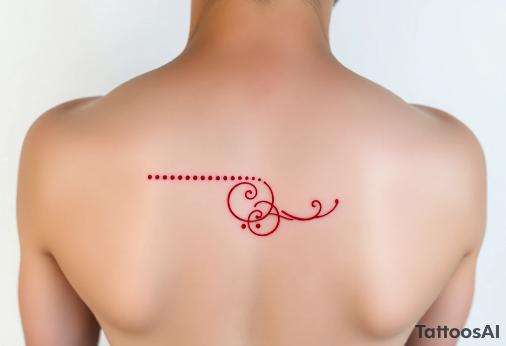 “-... .-. .- . .- .-.. ....... -.. .- .-- --- --- -.. .......” morse code tattoo with dainty girly swirl design in red ink on female hip bone tattoo idea