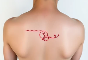 “-... .-. .- . .- .-.. ....... -.. .- .-- --- --- -.. .......” morse code tattoo with dainty girly swirl design in red ink on female hip bone tattoo idea