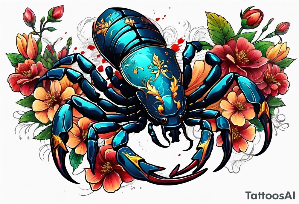 futuristic scorpion animation with flowers bloody tattoo idea