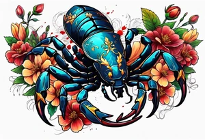 futuristic scorpion animation with flowers bloody tattoo idea