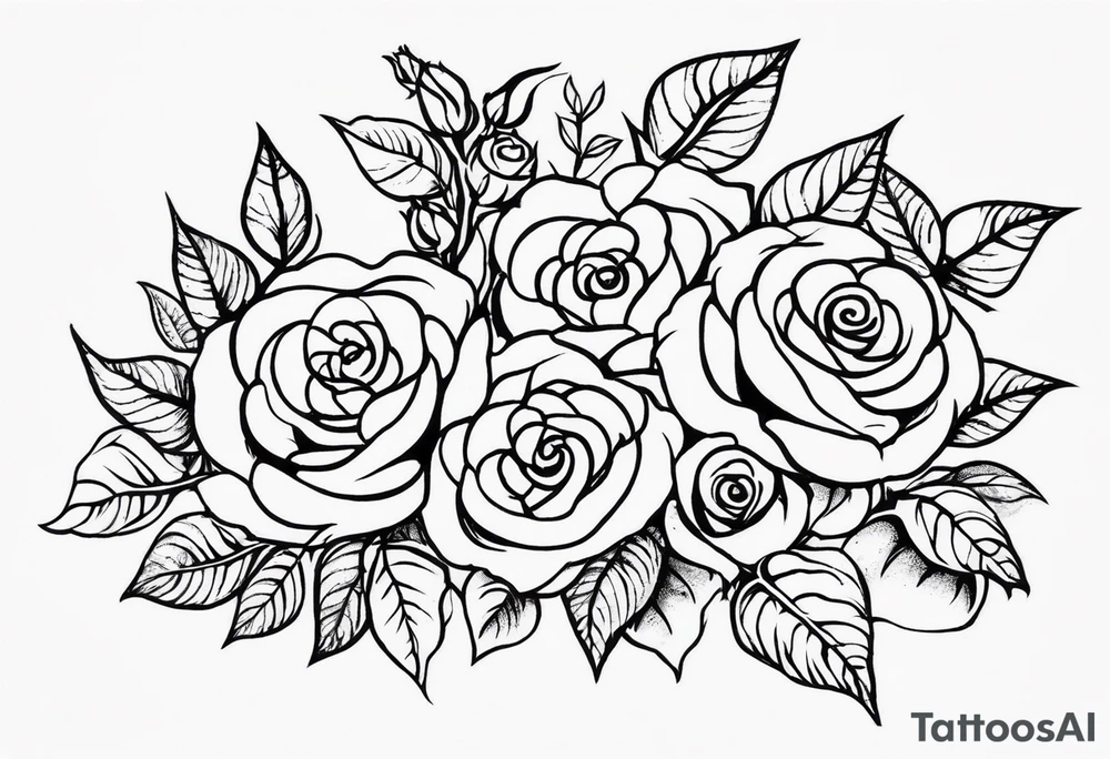 draw image of sleeve tattoo that has 65 small roses on a vine, they can be different sizes. It is long and narrow in design so it fits on an arm. The vine has some leaves and thorns but not too many. The roses will be a mix of small and medium size with some front on and others side on. tattoo idea