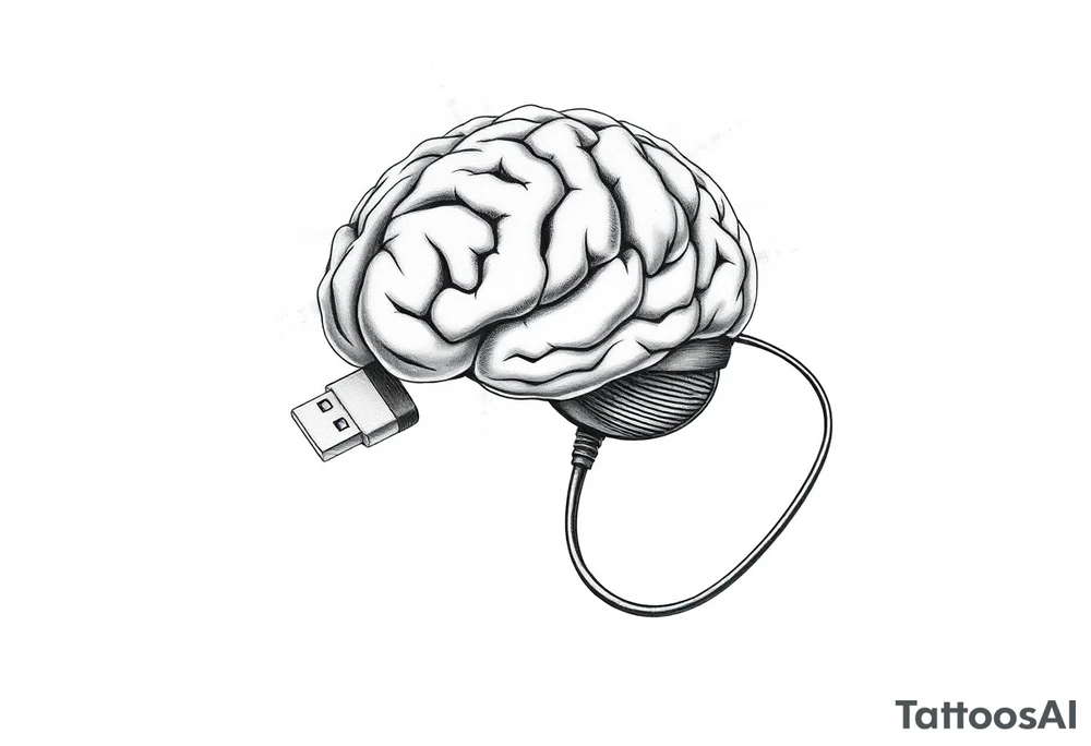 A Floating Brain with a USB Plug
A realistic human brain floating in the air, connected to a thick USB cable instead of a spine.
Holographic data streams running from it, displaying error codes or stock market numbers.
Could have a phrase like “THINK FAST” or “UPLOADING…”. tattoo idea
