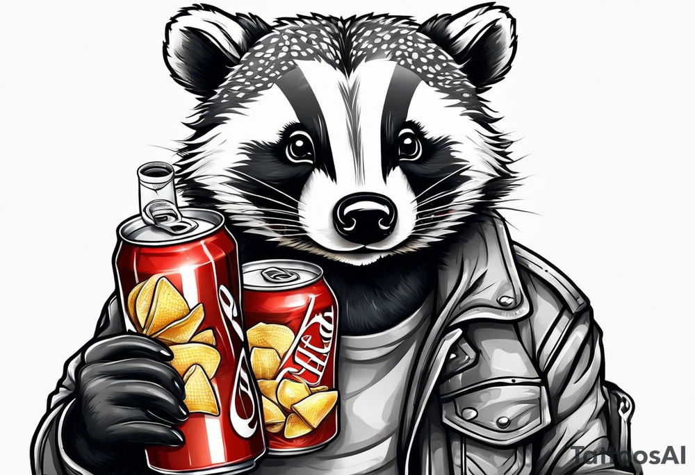 badger with mouth open with soda can and chips in hands tattoo idea