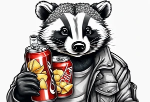 badger with mouth open with soda can and chips in hands tattoo idea